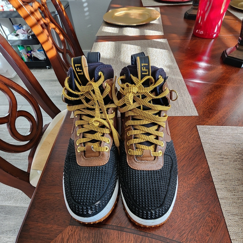 Black and Brown Nike Lunar Force 1 High-Top Sneakers with Yellow Laces